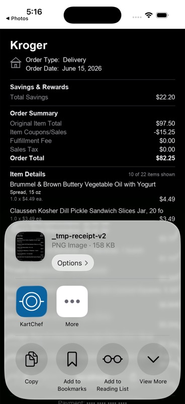 Sharing a grocery receipt into KartChef from the iOS share sheet